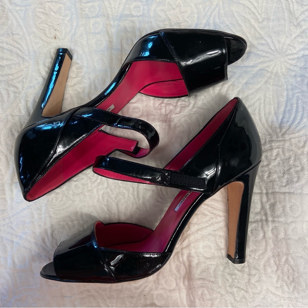 Manolo Blahnik Black Patent Heeled Mary Jane Sandals